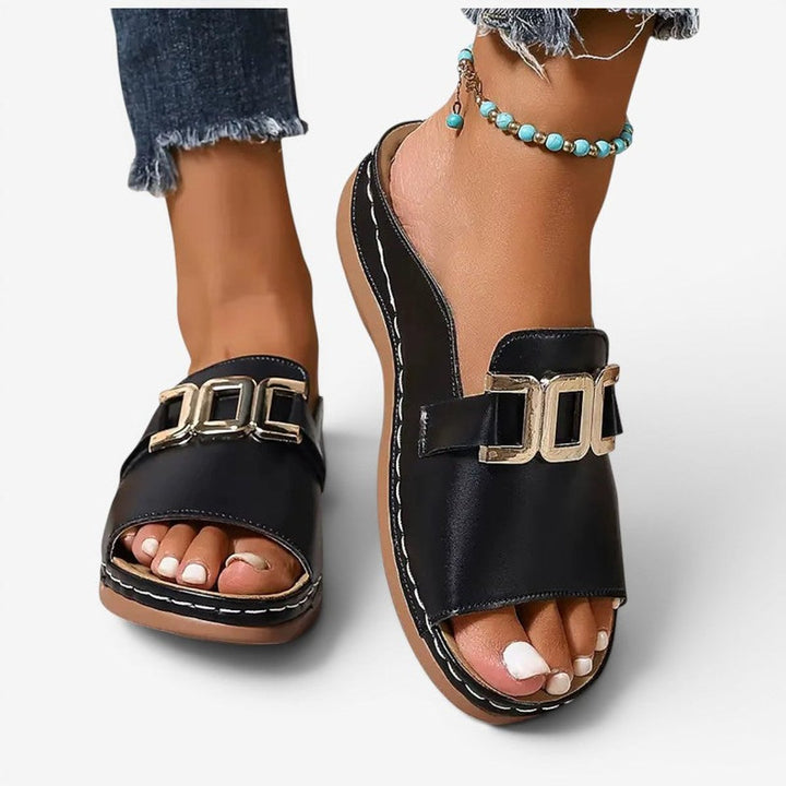 Women's Slip-On Wedge Heel Open-Toe Sandals Gold Buckle