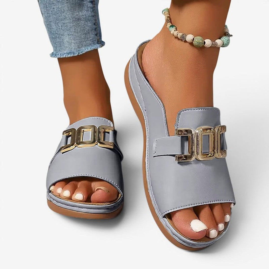 Women's Slip-On Wedge Heel Open-Toe Sandals Gold Buckle