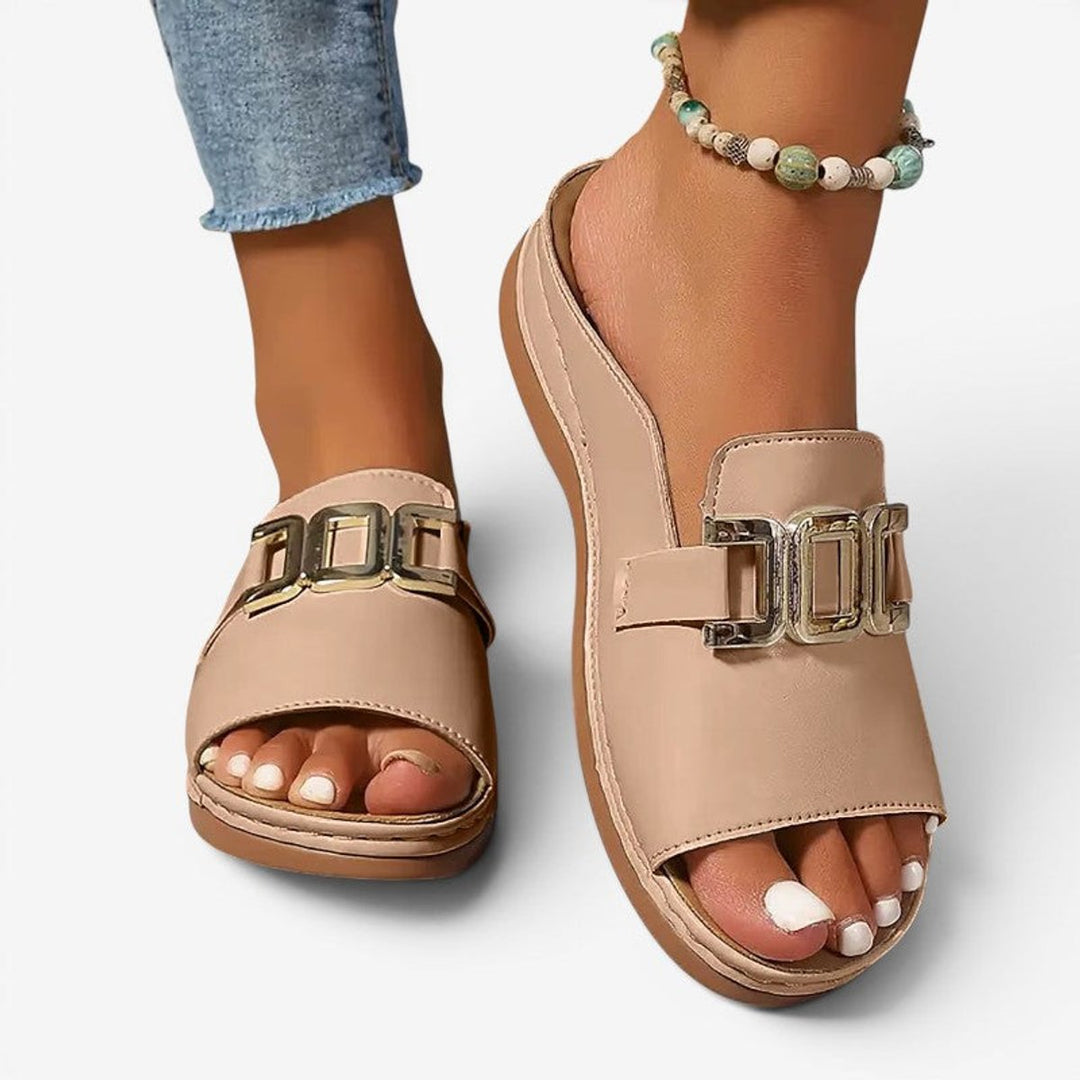 Women's Slip-On Wedge Heel Open-Toe Sandals Gold Buckle