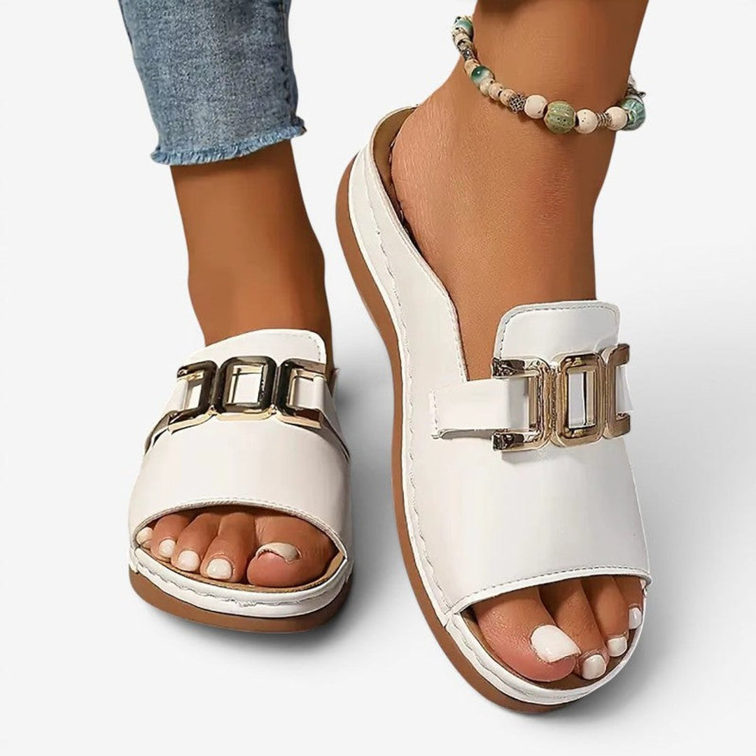 Women's Slip-On Wedge Heel Open-Toe Sandals Gold Buckle