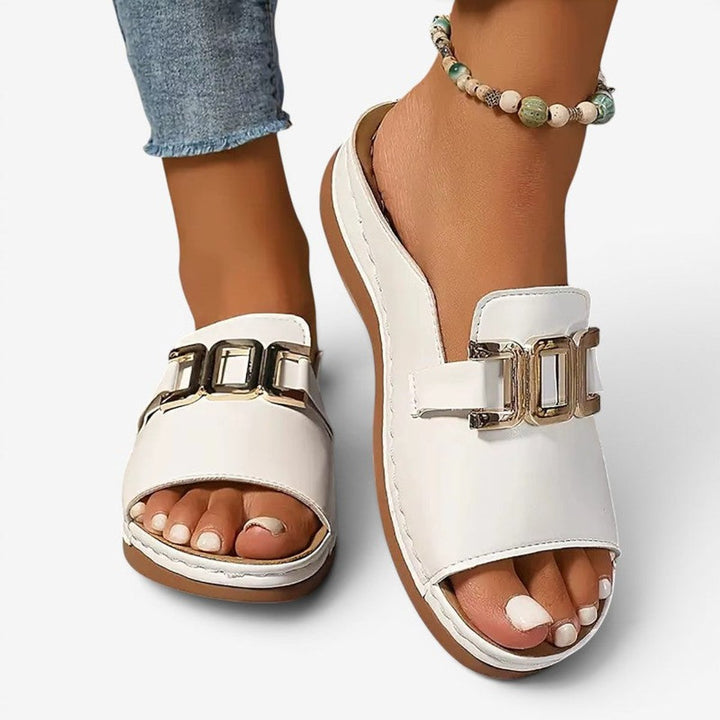 Women's Slip-On Wedge Heel Open-Toe Sandals Gold Buckle