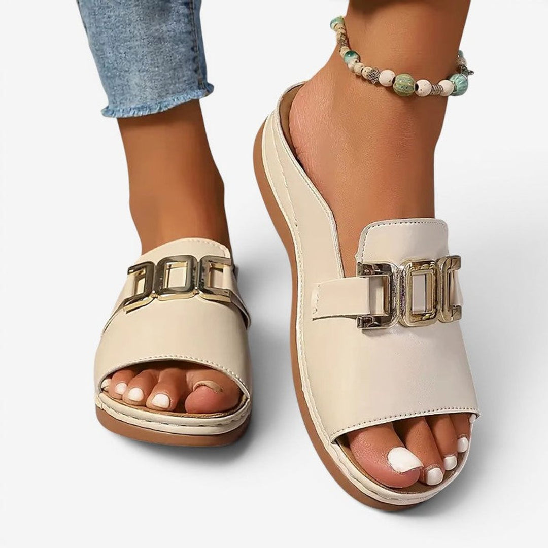 Women's Slip-On Wedge Heel Open-Toe Sandals Gold Buckle