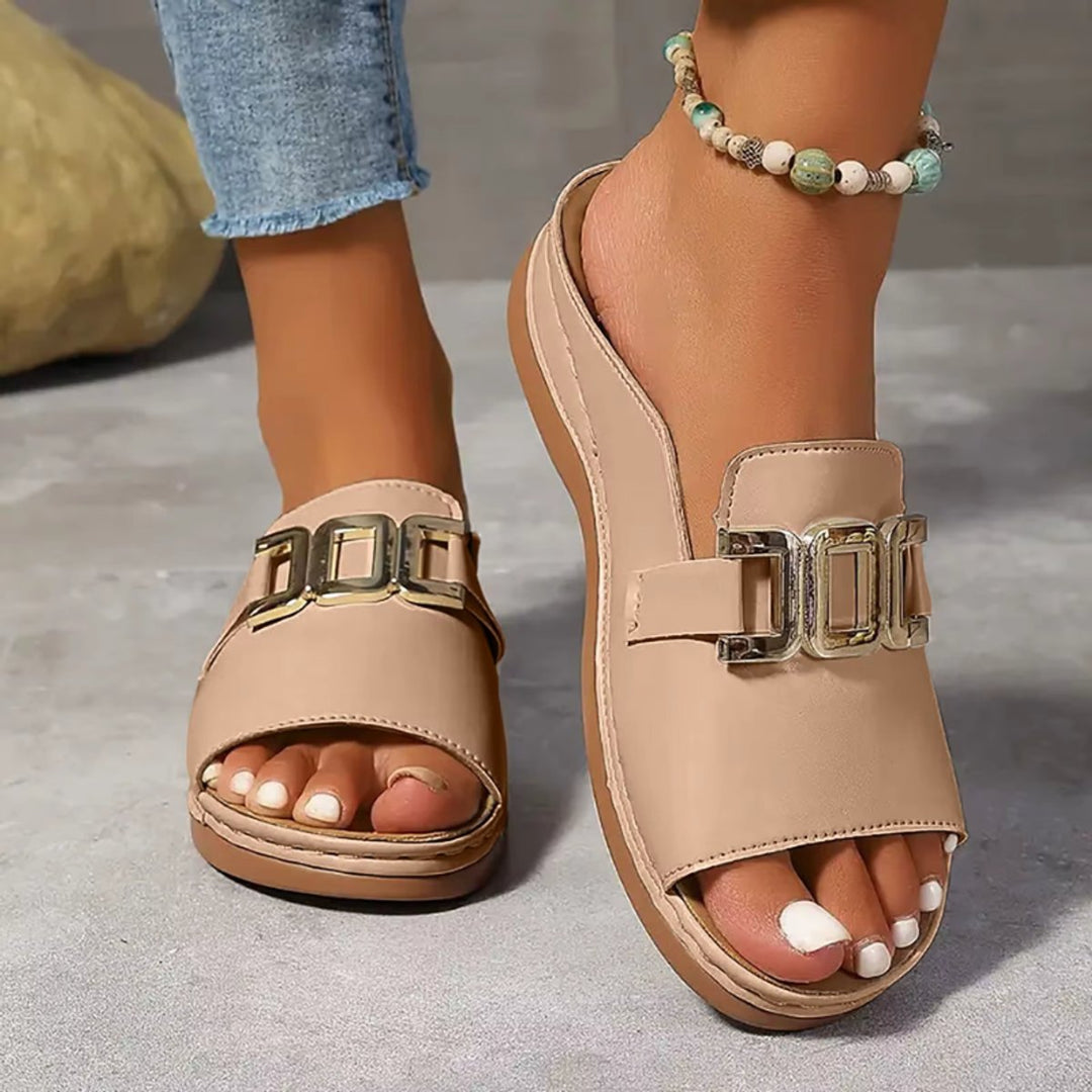 Women's Slip-On Wedge Heel Open-Toe Sandals Gold Buckle