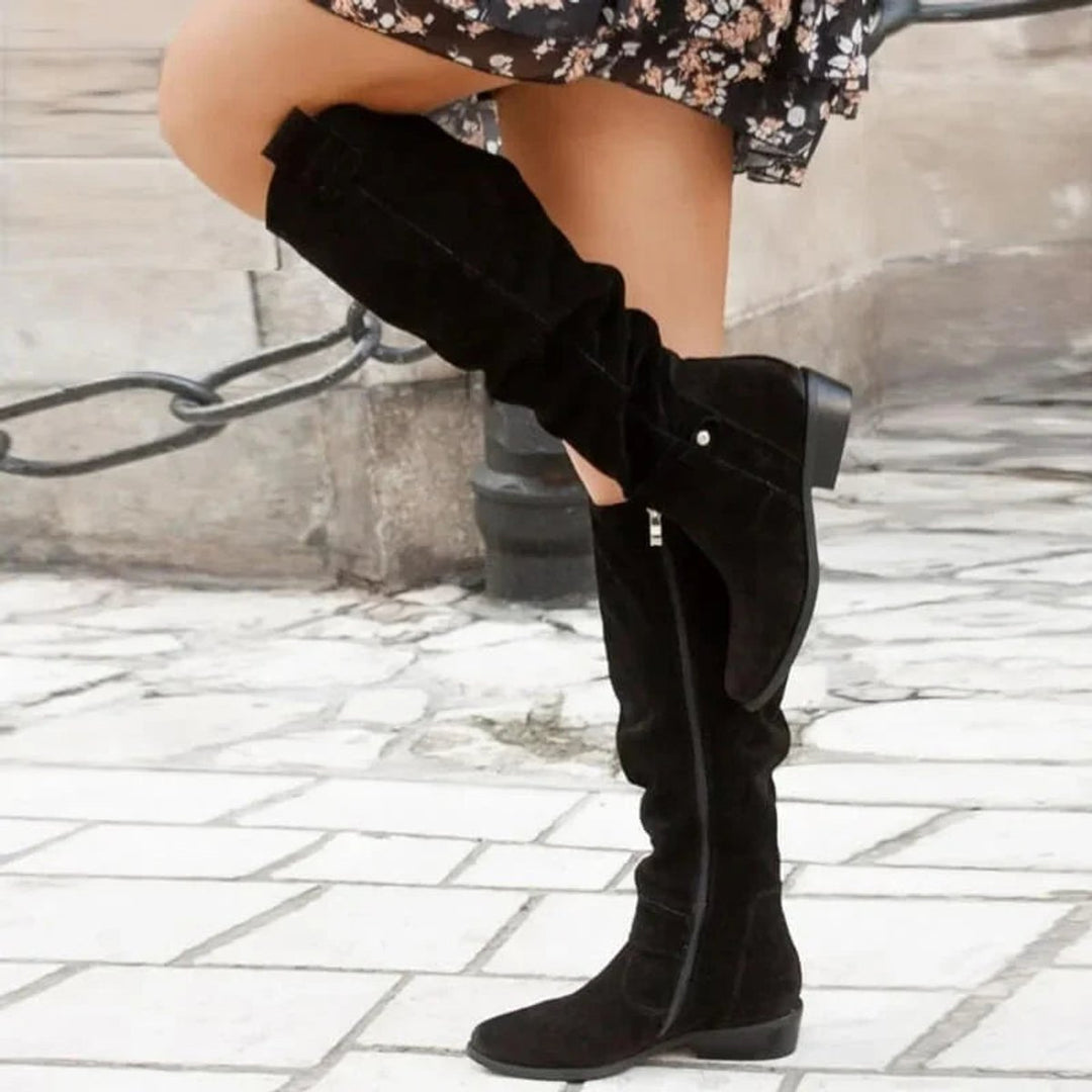 Women's Slouchy Knee-High Block-Heel Suede Boots