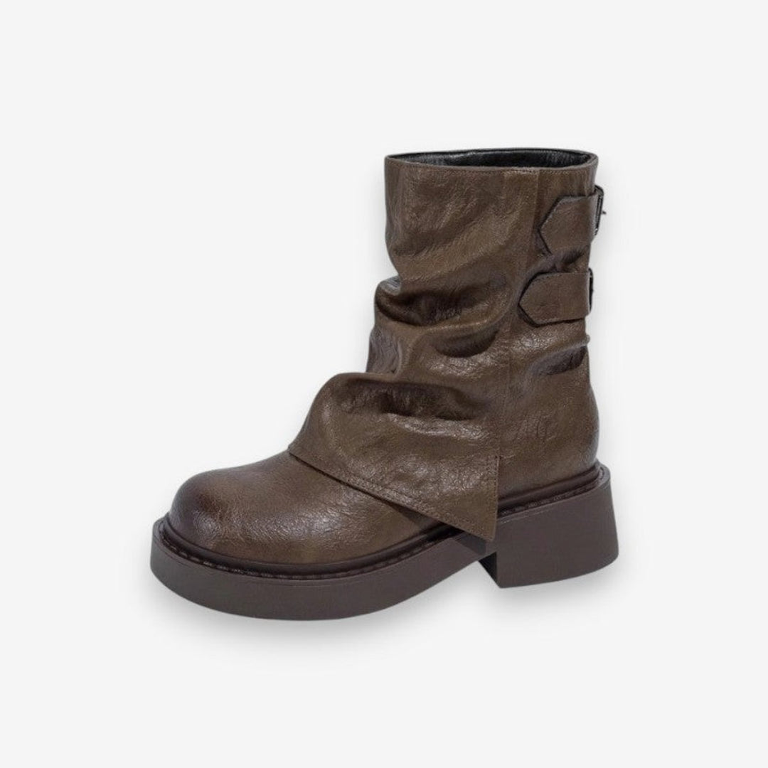 Women's Slouchy Leather Ankle Boots Thick Sole Flat Heel