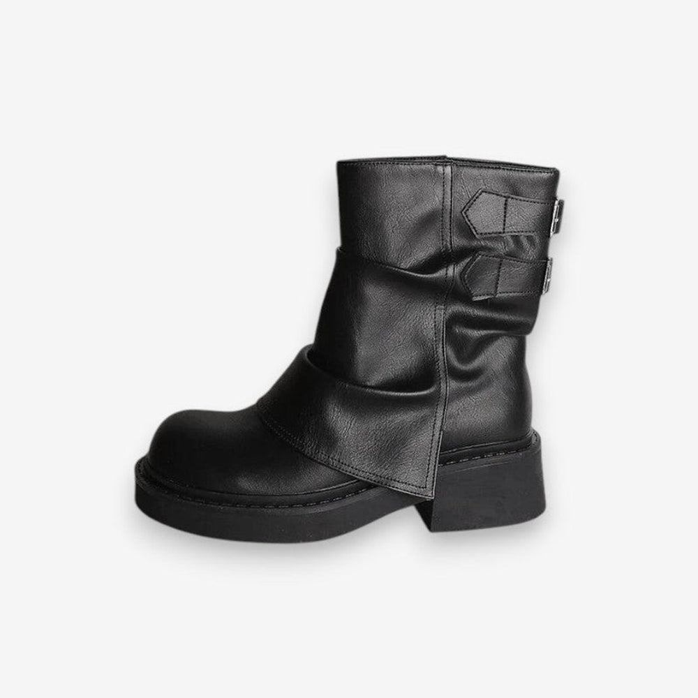Women's Slouchy Leather Ankle Boots Thick Sole Flat Heel