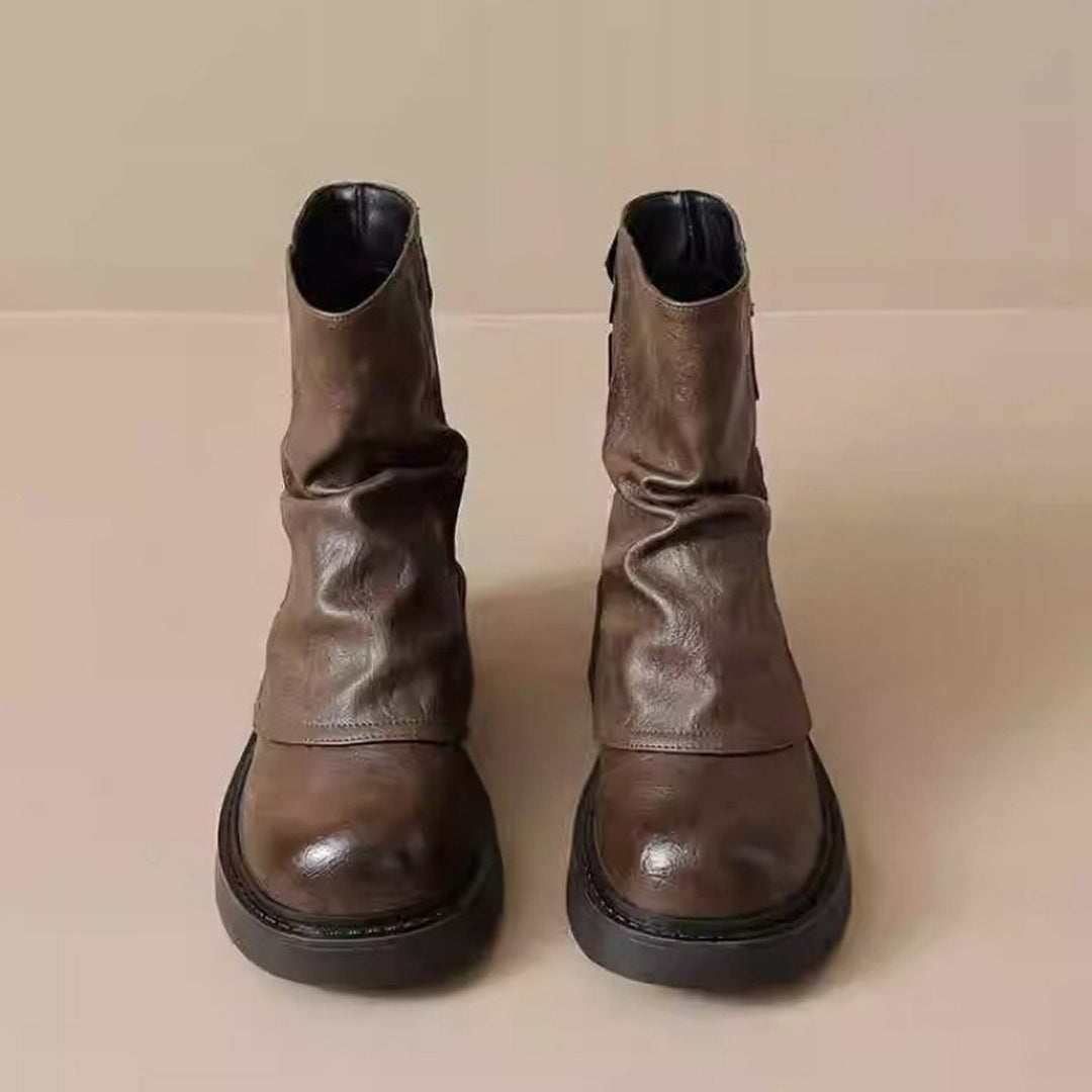 Women's Slouchy Leather Ankle Boots Thick Sole Flat Heel