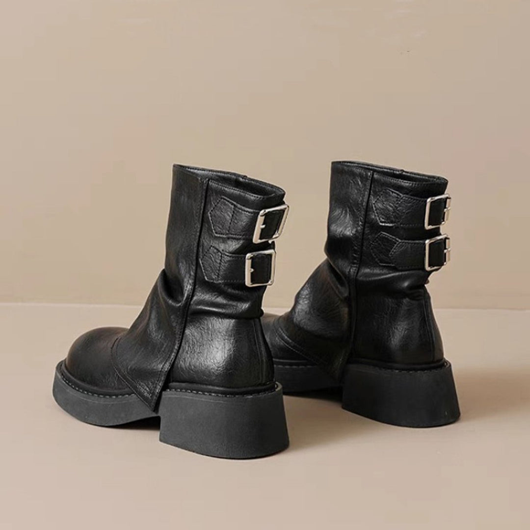Women's Slouchy Leather Ankle Boots Thick Sole Flat Heel