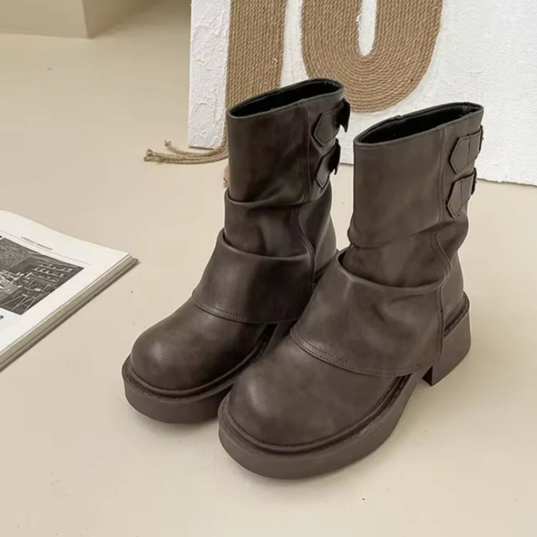 Women's Slouchy Leather Ankle Boots Thick Sole Flat Heel