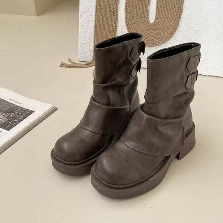 Women's Slouchy Leather Ankle Boots Thick Sole Flat Heel
