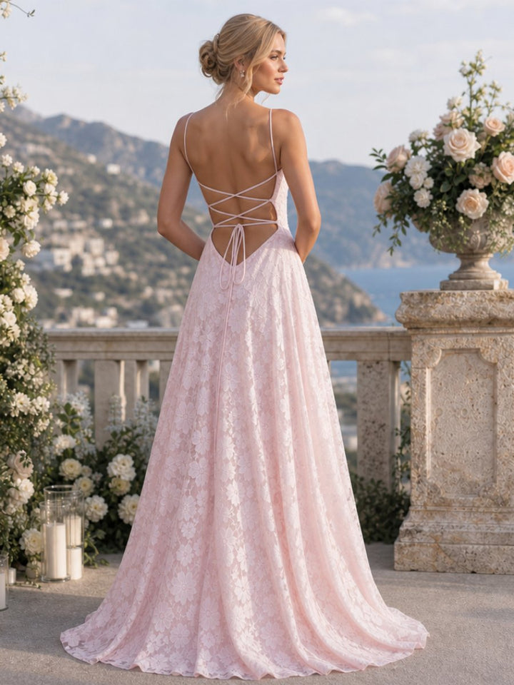 Women's Spaghetti Strap Full Lace Maxi Party Dress