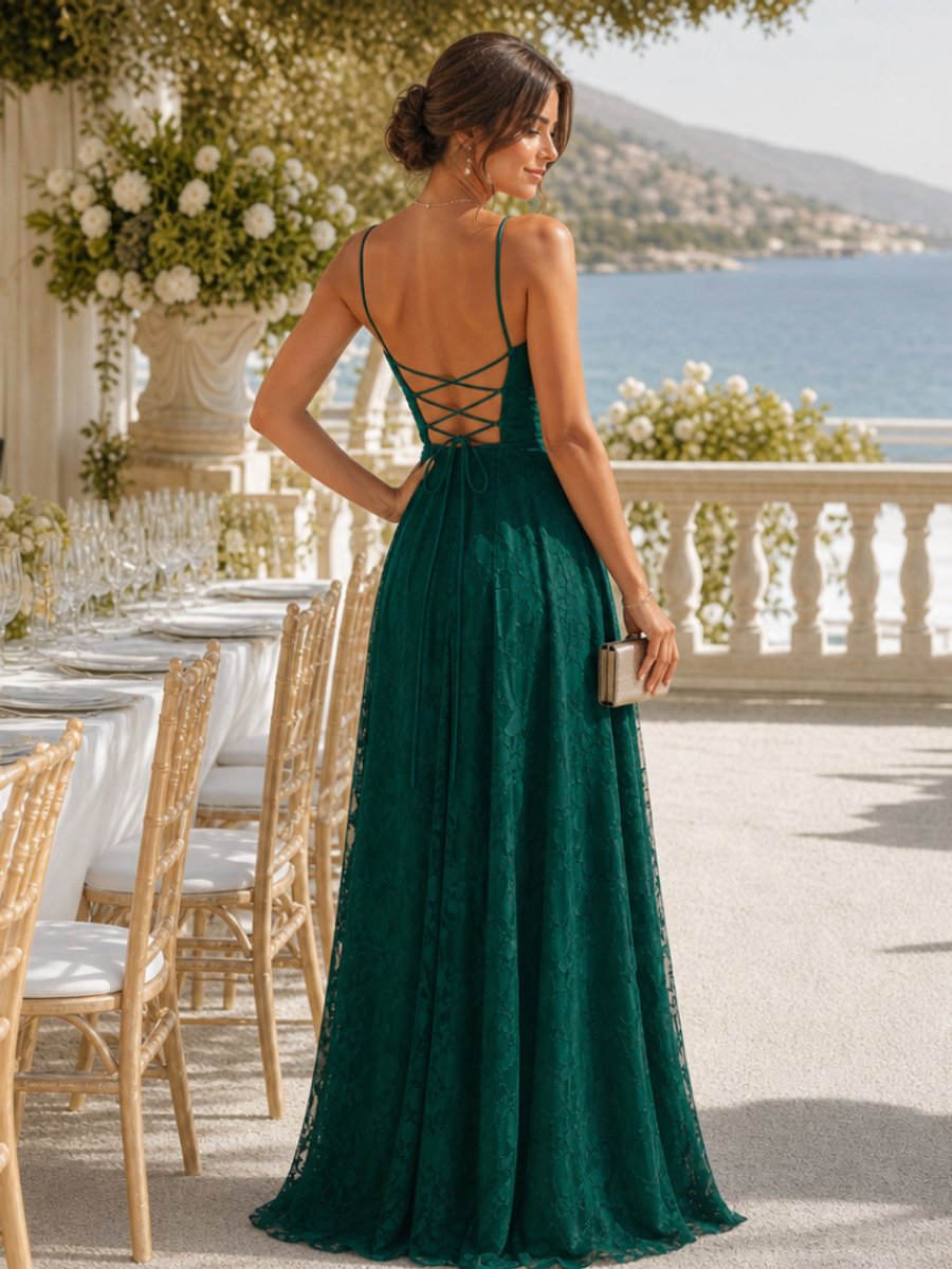 Women's Spaghetti Strap Full Lace Maxi Party Dress