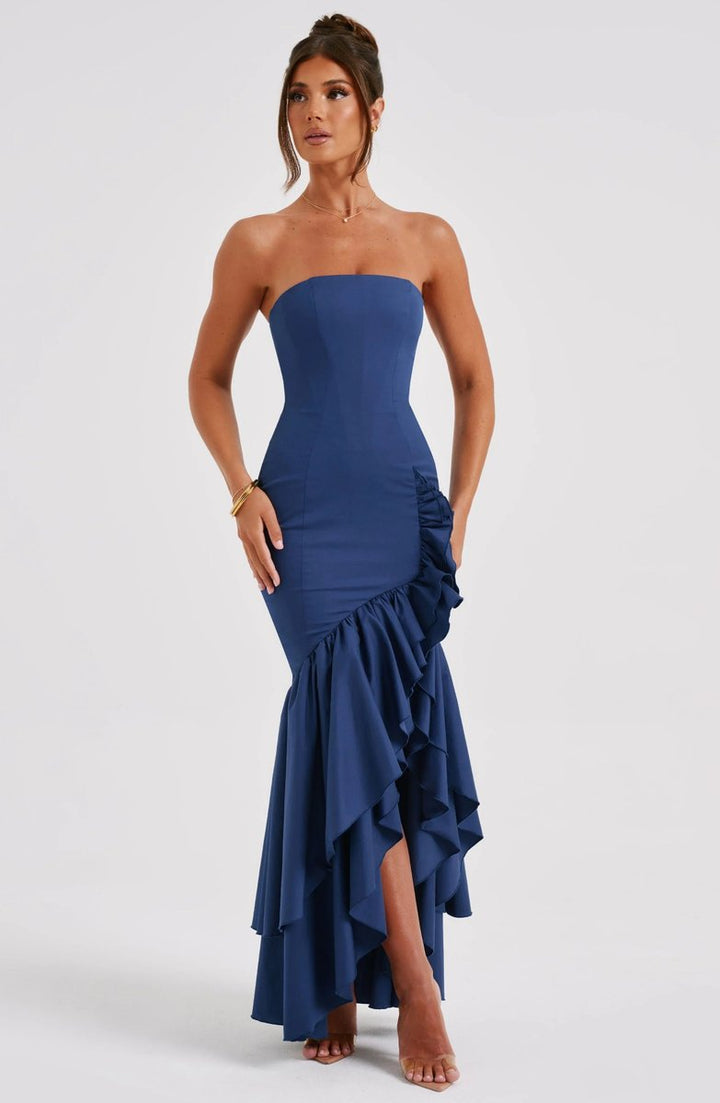Women's Strapless Asymmetric Ruffle Maxi Christmas Party Dress