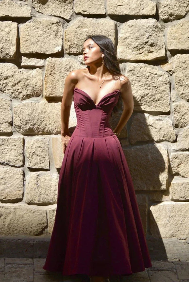 Women's Strapless Corset Flared Midi Christmas Party Dress
