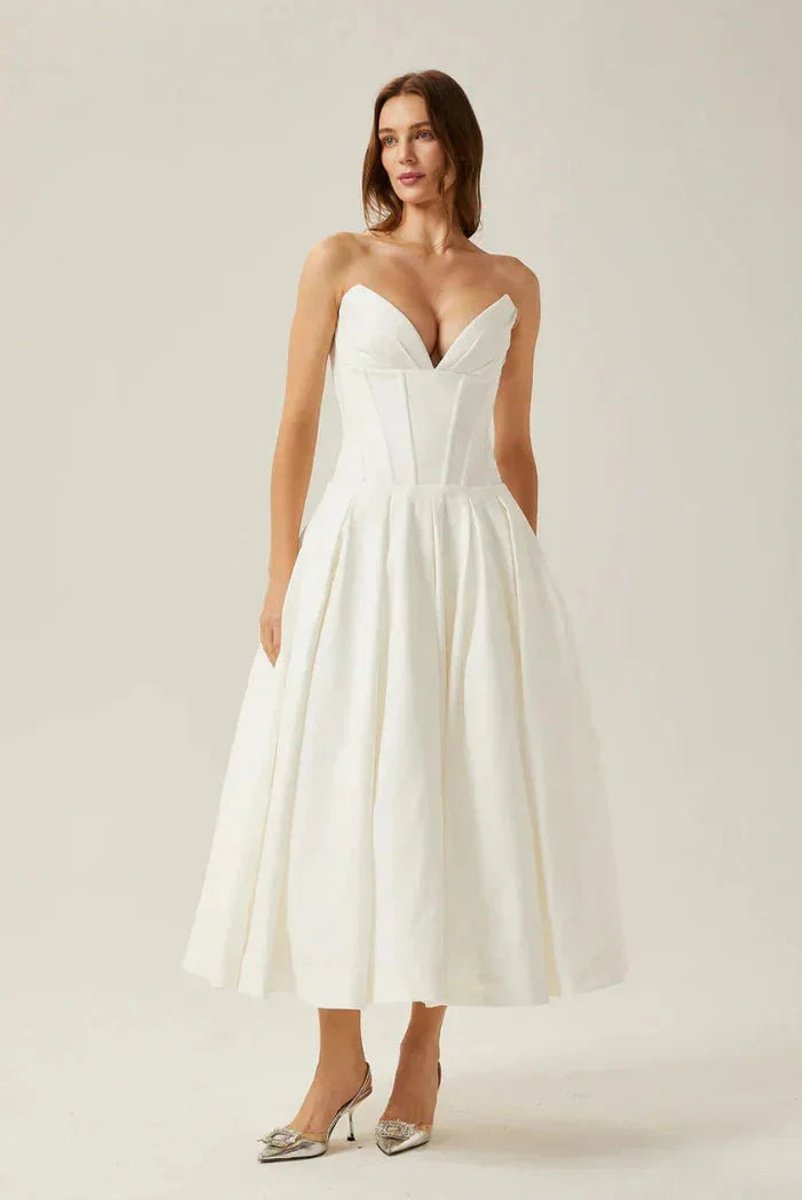 Women's Strapless Corset Flared Midi Christmas Party Dress