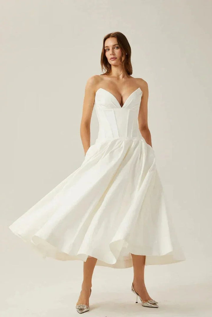 Women's Strapless Corset Flared Midi Christmas Party Dress