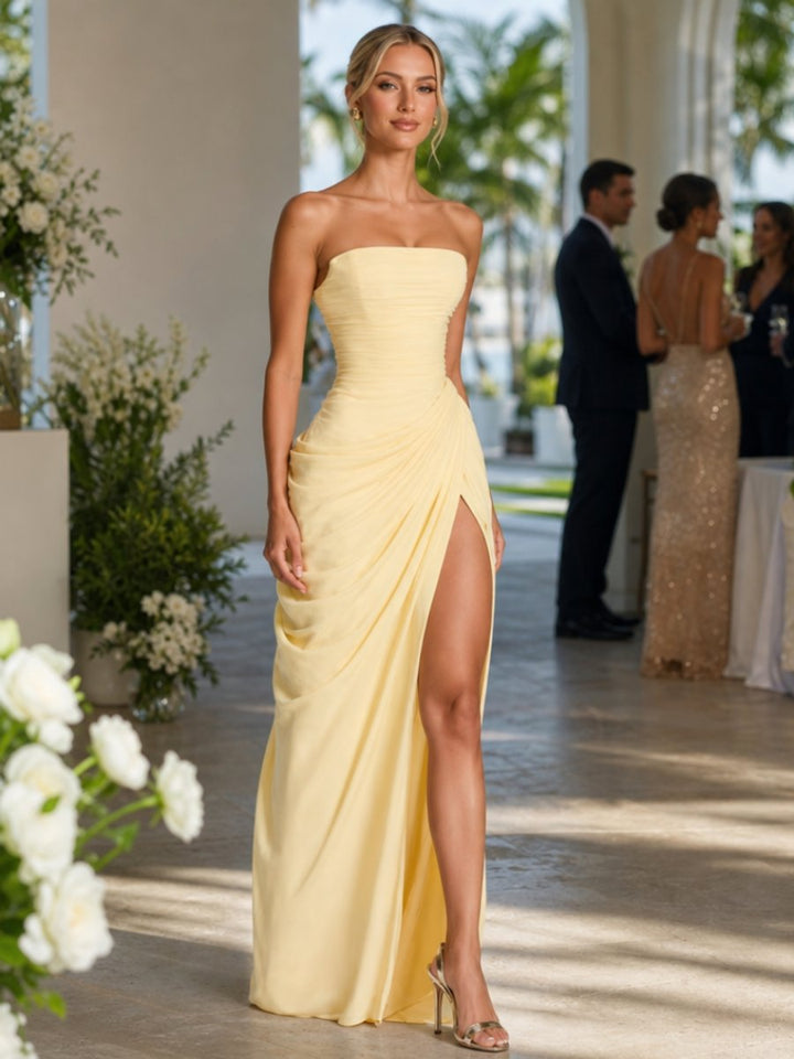 Women's Strapless Draped High-Slit Christmas Party Maxi Dress
