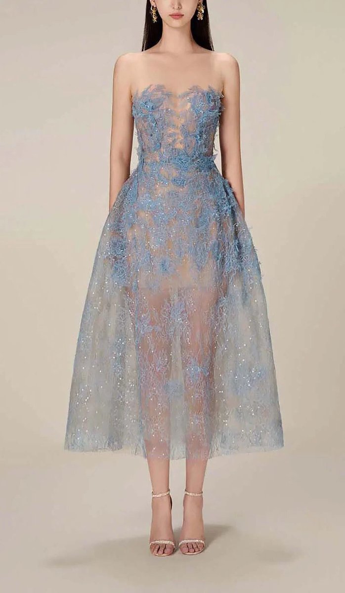 Women's Strapless Floral Embroidered Tulle Christmas Party Midi Dress