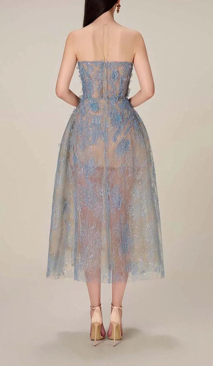 Women's Strapless Floral Embroidered Tulle Christmas Party Midi Dress