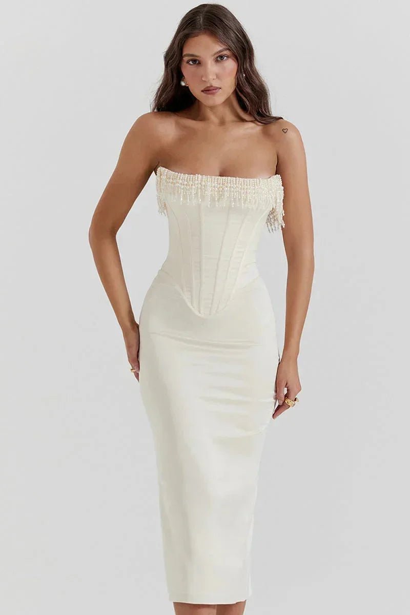 Women's Strapless Pearl-Trim Corset Midi Christmas Party Dress