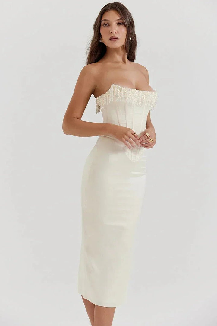Women's Strapless Pearl-Trim Corset Midi Christmas Party Dress
