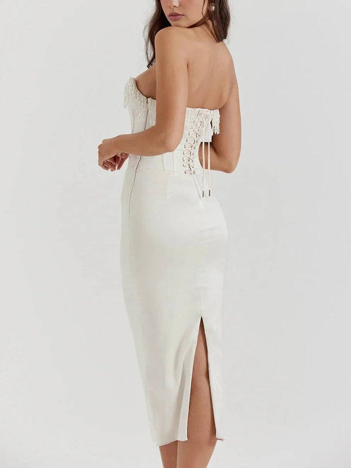 Women's Strapless Pearl-Trim Corset Midi Christmas Party Dress