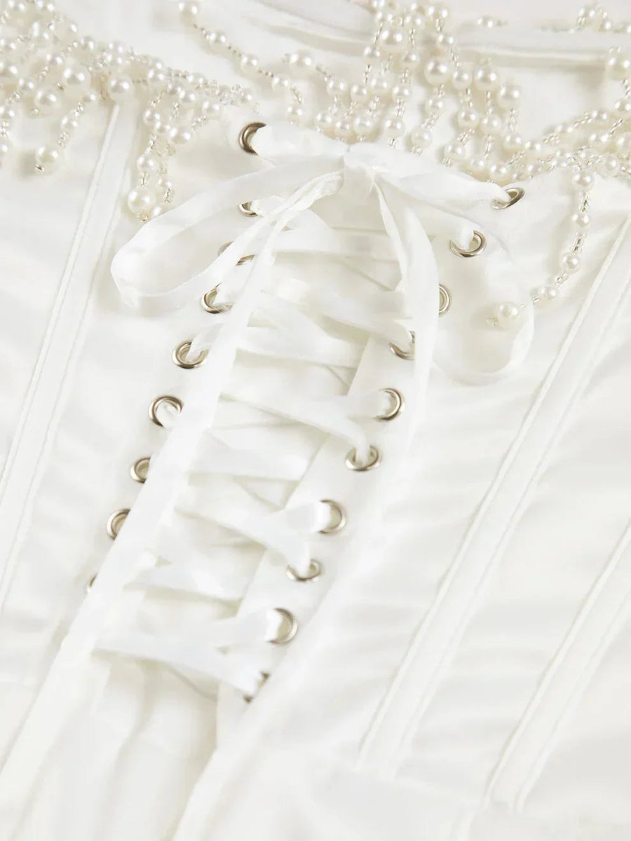 Women's Strapless Pearl-Trim Corset Midi Christmas Party Dress