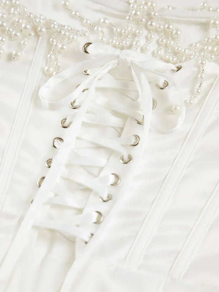 Women's Strapless Pearl-Trim Corset Midi Christmas Party Dress