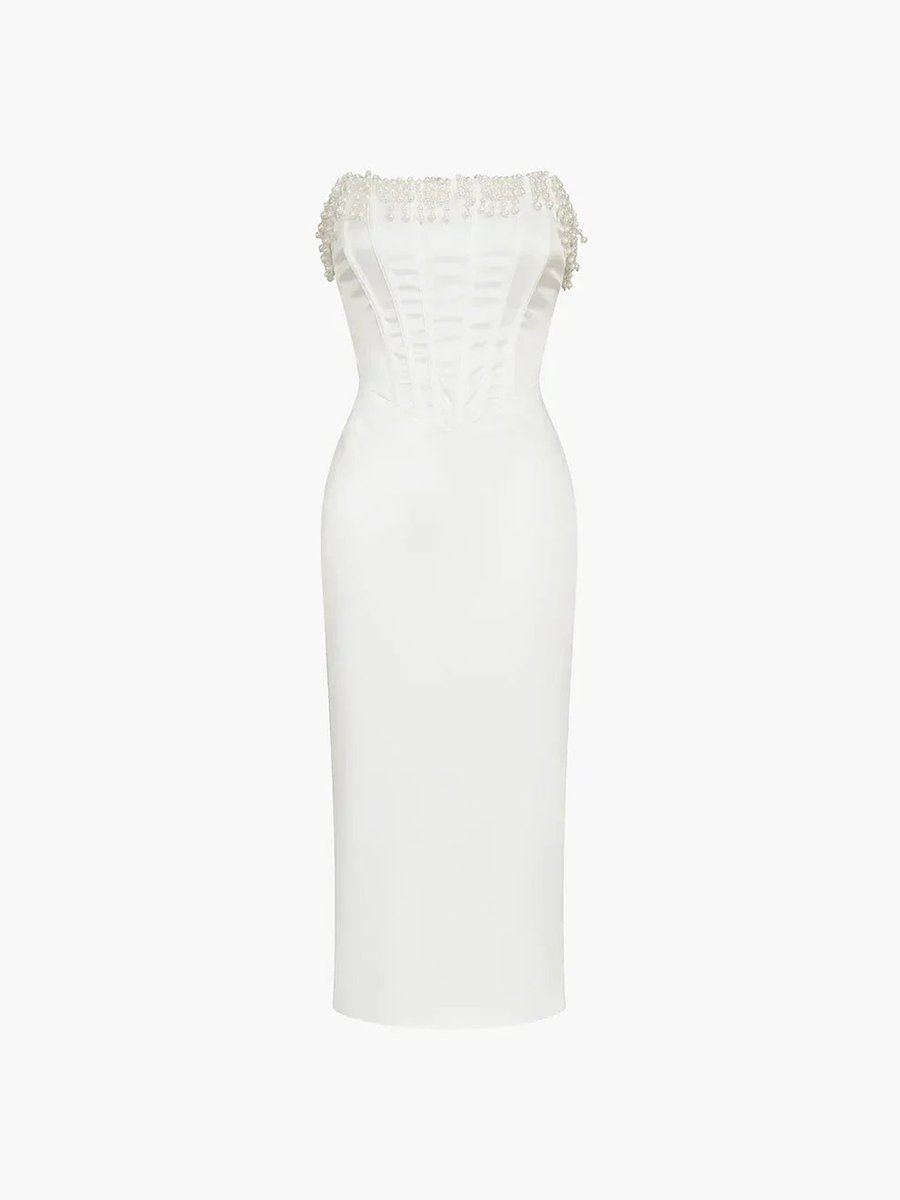 Women's Strapless Pearl-Trim Corset Midi Christmas Party Dress