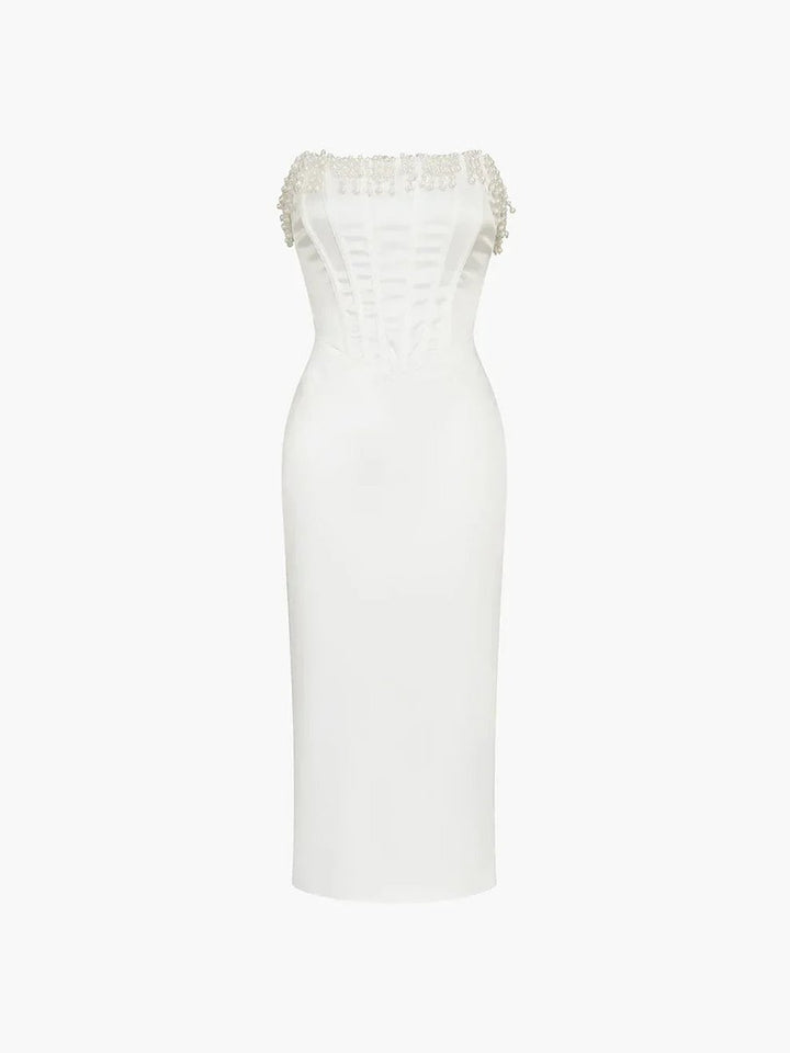 Women's Strapless Pearl-Trim Corset Midi Christmas Party Dress