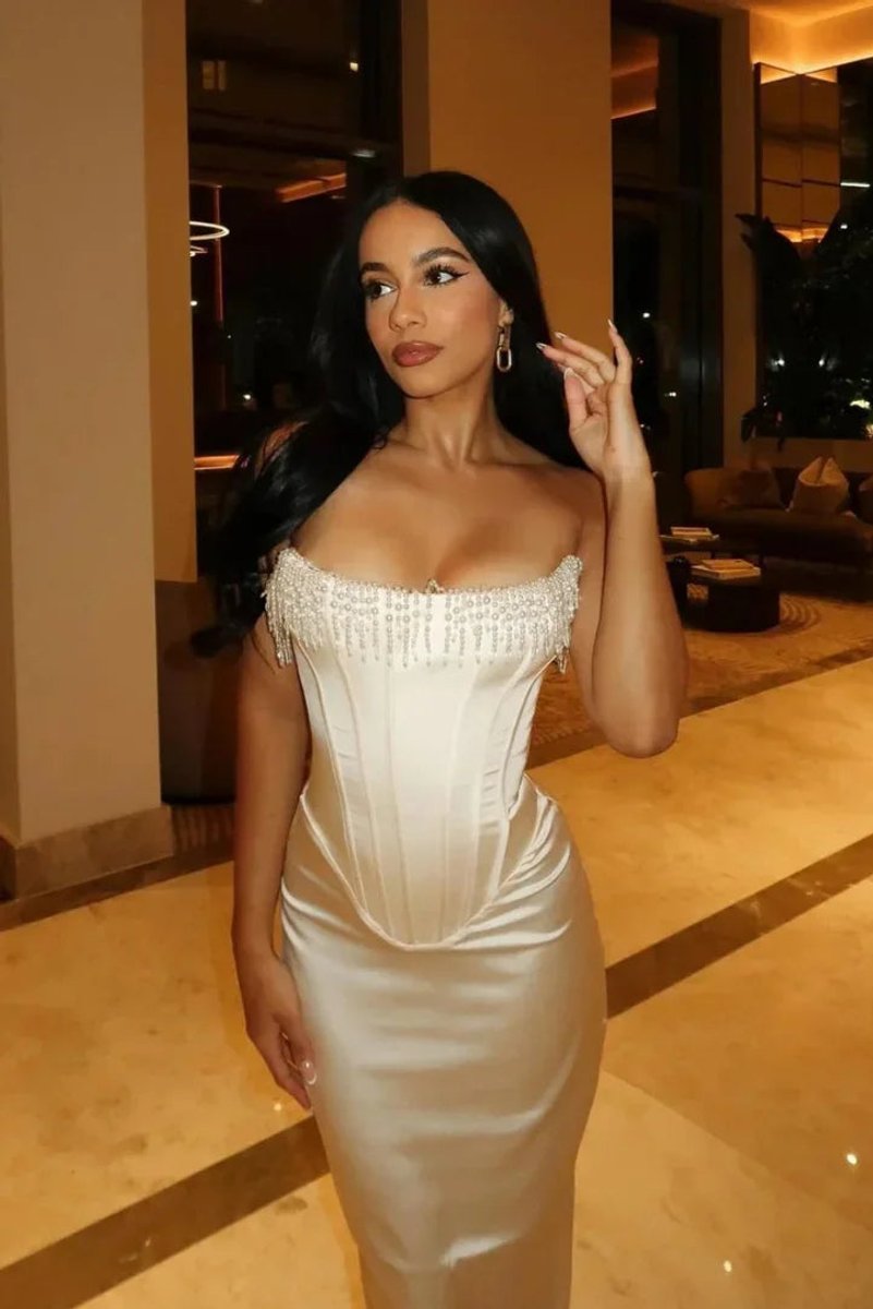 Women's Strapless Pearl-Trim Corset Midi Christmas Party Dress