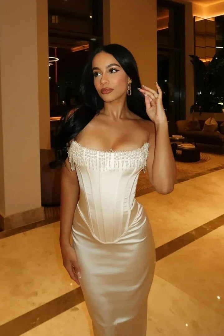 Women's Strapless Pearl-Trim Corset Midi Christmas Party Dress