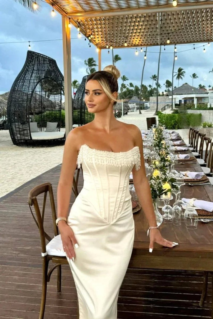 Women's Strapless Pearl-Trim Corset Midi Christmas Party Dress