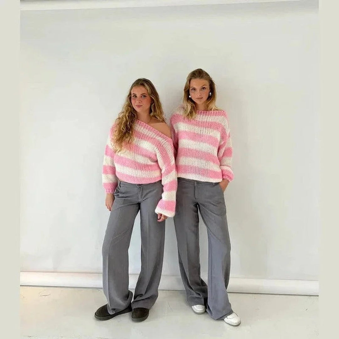 Women's Striped Chunky Knitted Jumper Relaxed Crew Neck Pullover