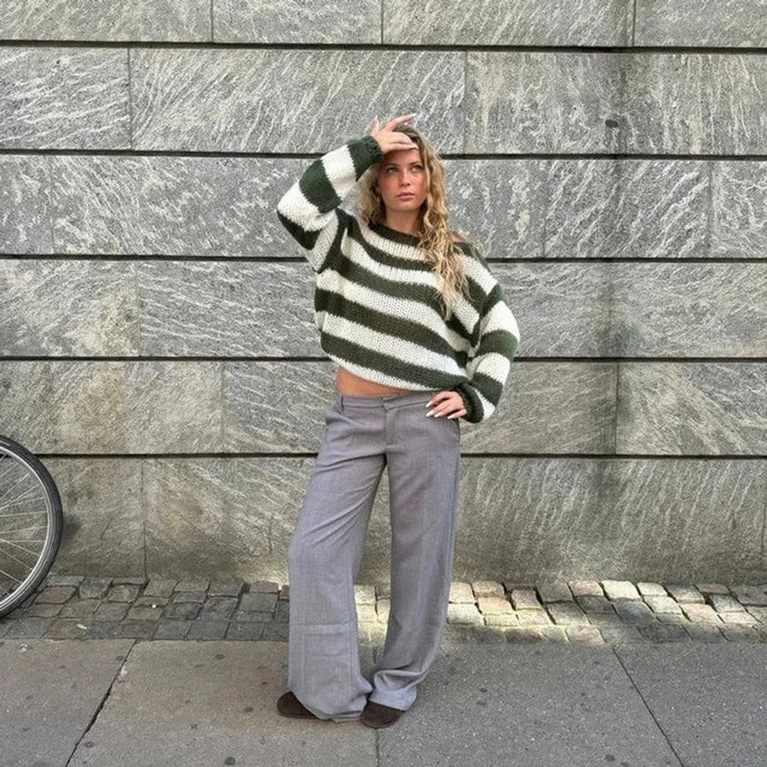 Women's Striped Chunky Knitted Jumper Relaxed Crew Neck Pullover