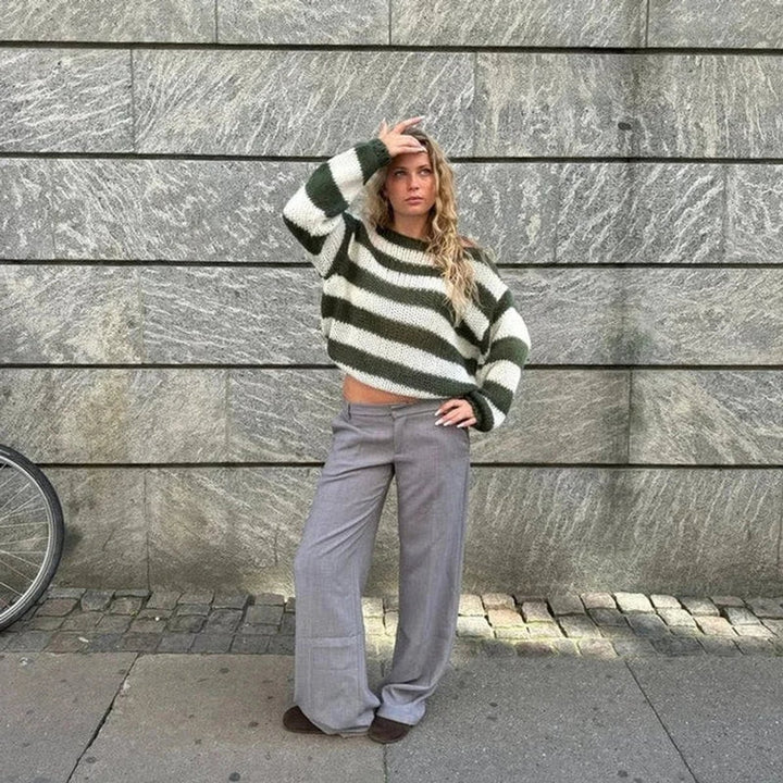 Women's Striped Chunky Knitted Jumper Relaxed Crew Neck Pullover