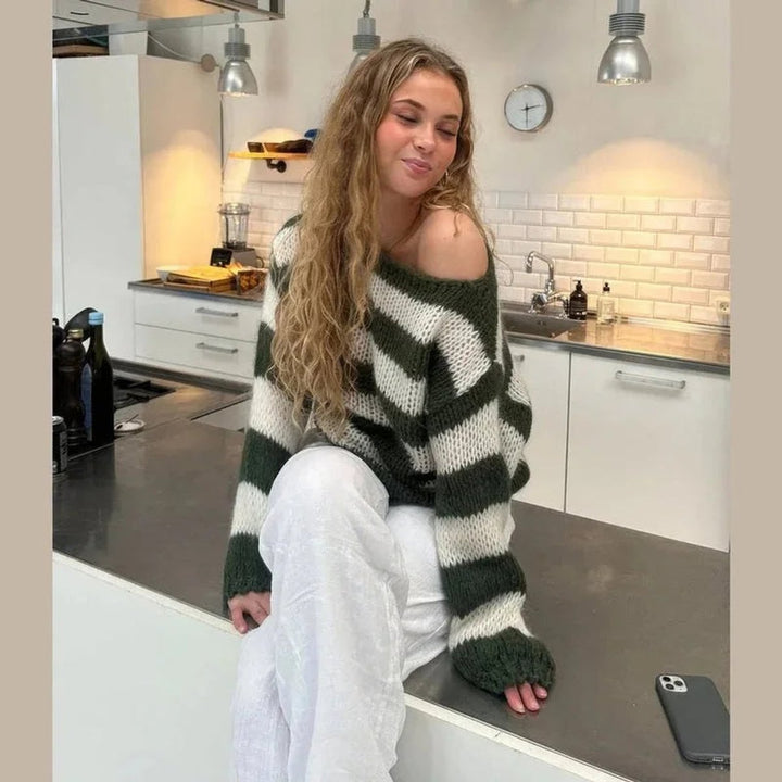 Women's Striped Chunky Knitted Jumper Relaxed Crew Neck Pullover