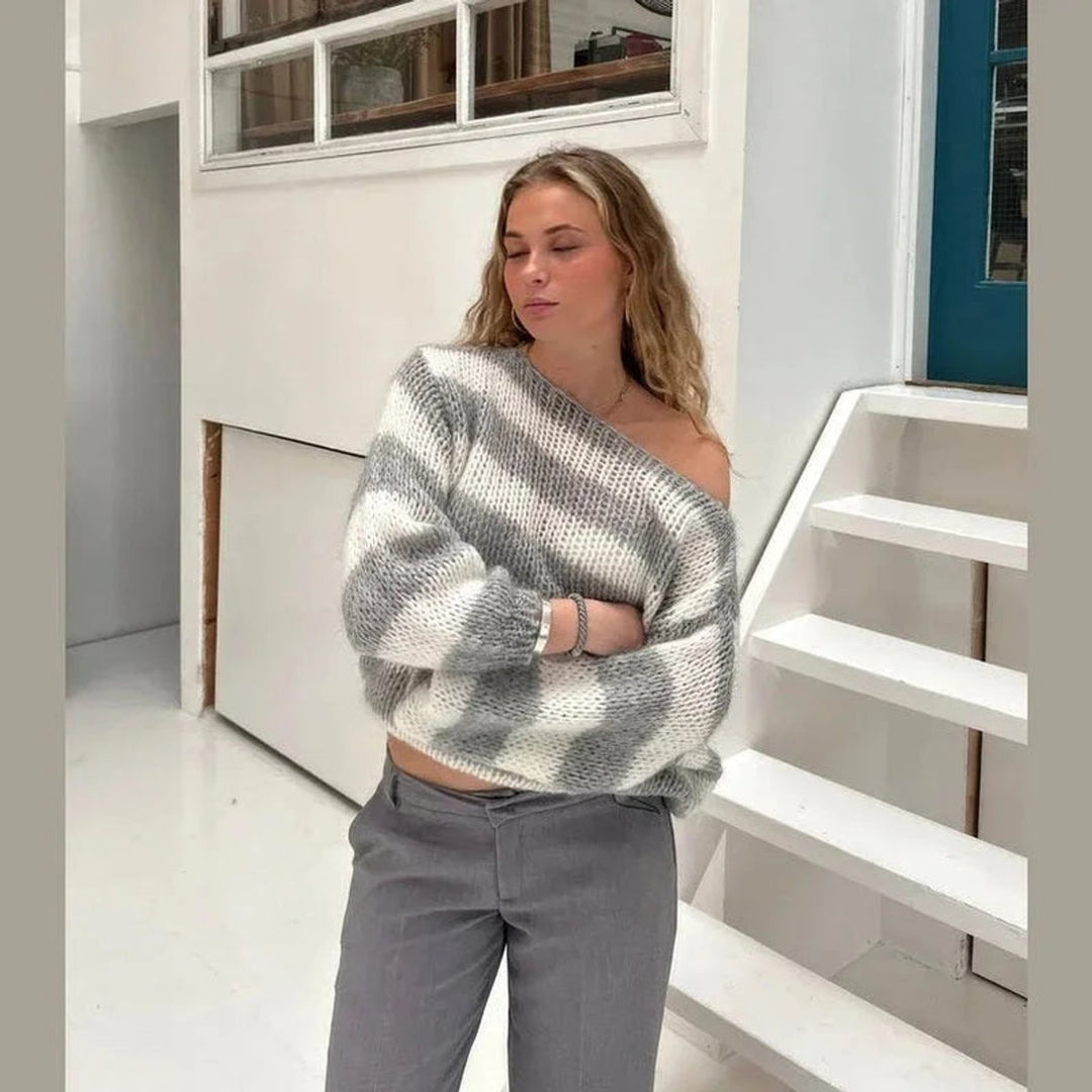 Women's Striped Chunky Knitted Jumper Relaxed Crew Neck Pullover