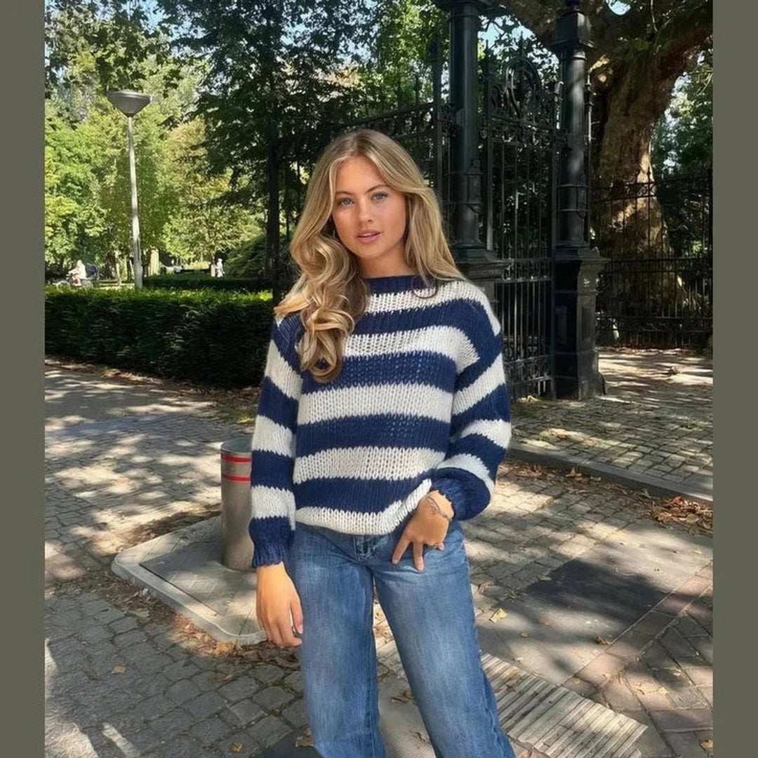 Women's Striped Chunky Knitted Jumper Relaxed Crew Neck Pullover