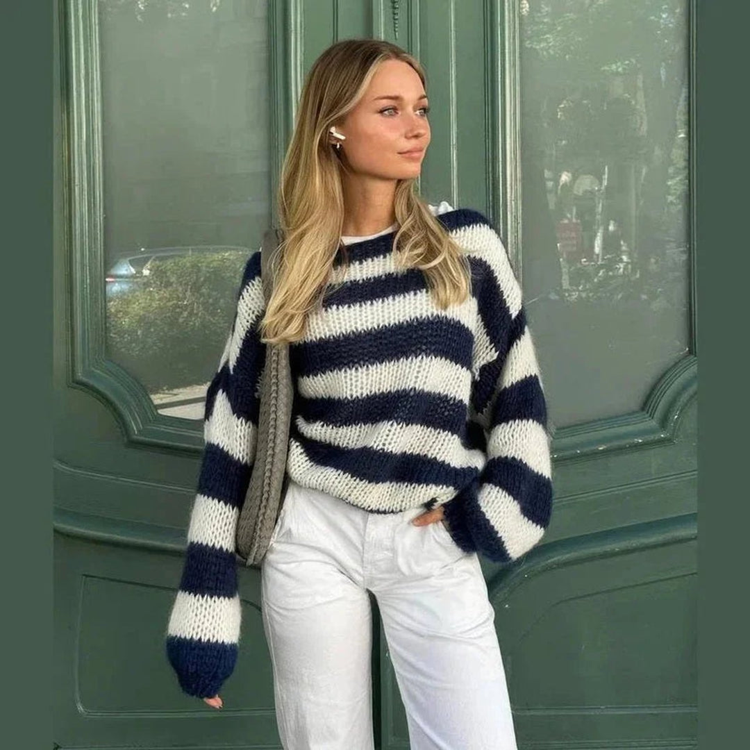 Women's Striped Chunky Knitted Jumper Relaxed Crew Neck Pullover