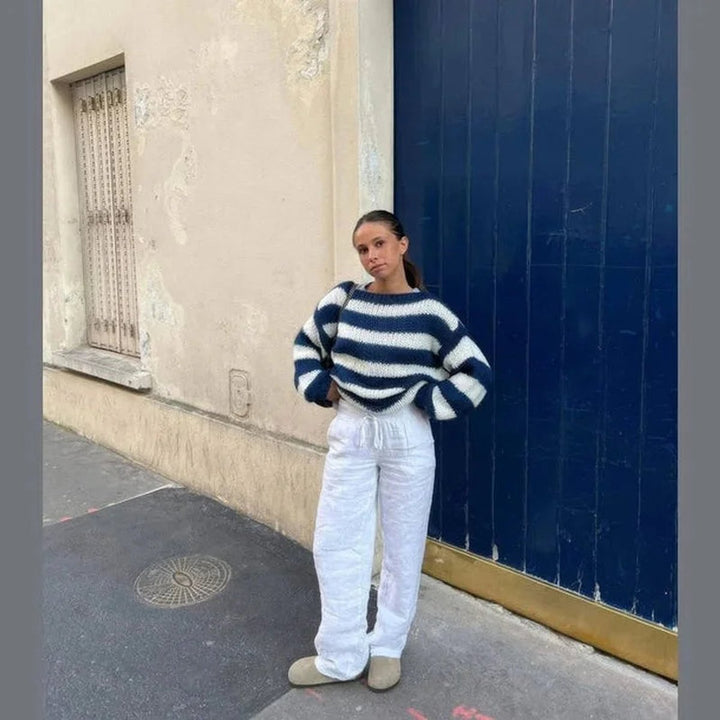 Women's Striped Chunky Knitted Jumper Relaxed Crew Neck Pullover