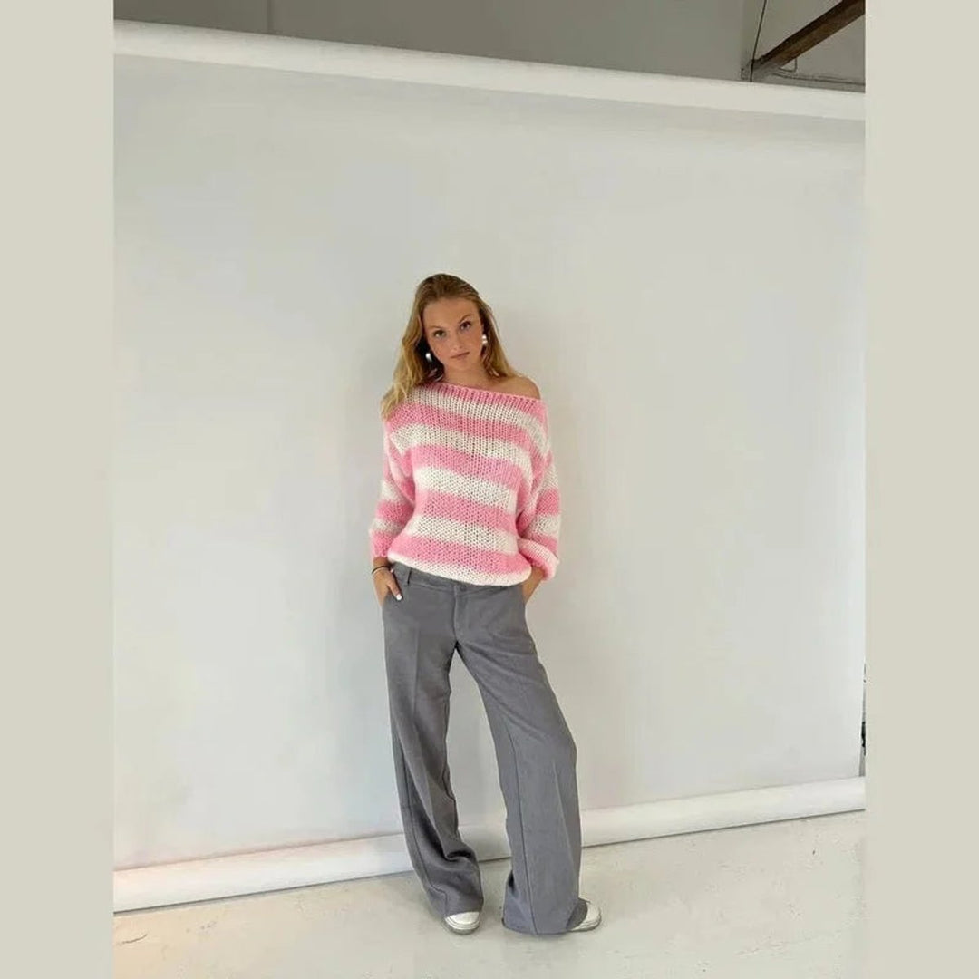 Women's Striped Chunky Knitted Jumper Relaxed Crew Neck Pullover