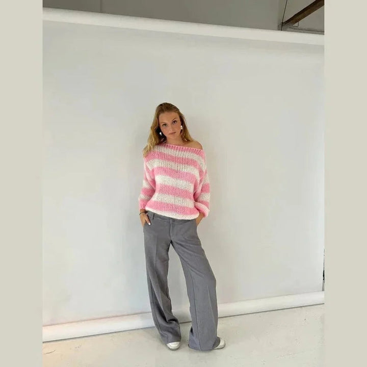 Women's Striped Chunky Knitted Jumper Relaxed Crew Neck Pullover