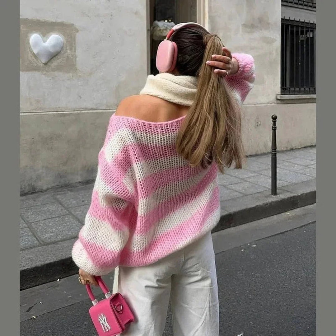 Women's Striped Chunky Knitted Jumper Relaxed Crew Neck Pullover