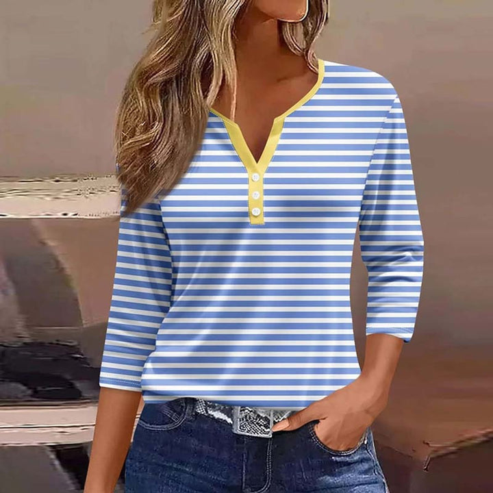 Women's Striped Henley Long-Sleeve Blouse Button-Neck Top
