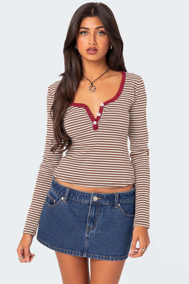 Women's Striped Long-Sleeve Henley V-Neck Top