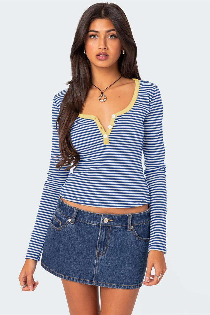 Women's Striped Long-Sleeve Henley V-Neck Top