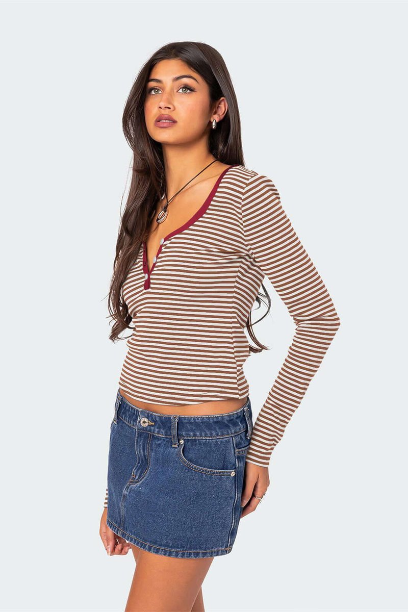 Women's Striped Long-Sleeve Henley V-Neck Top