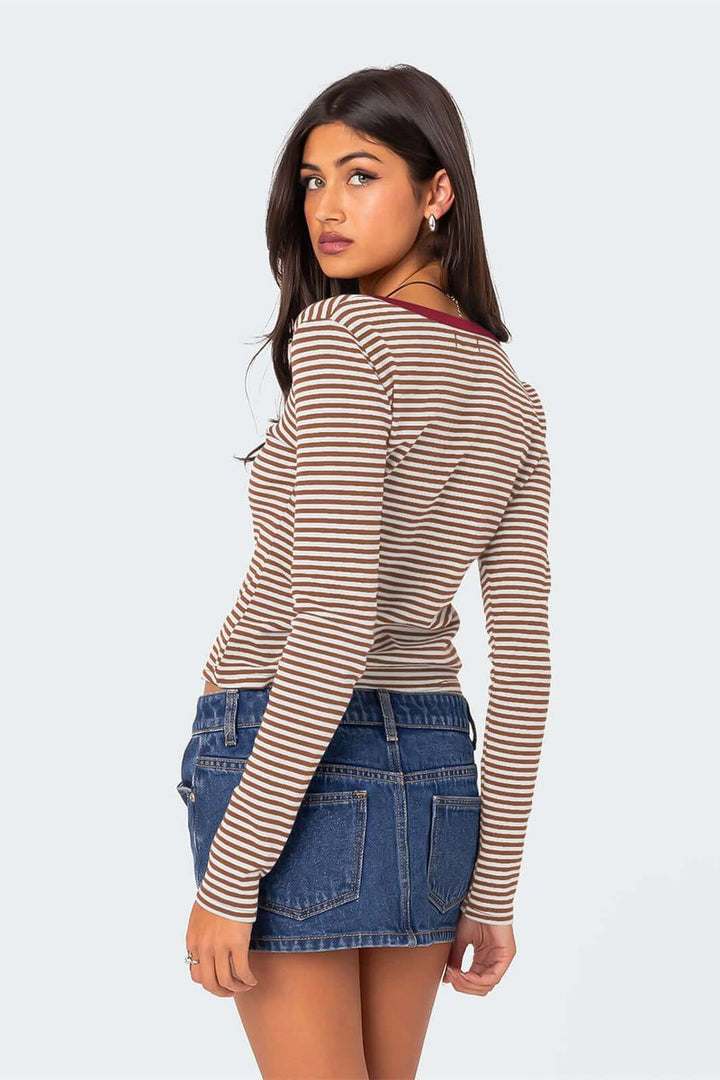 Women's Striped Long-Sleeve Henley V-Neck Top