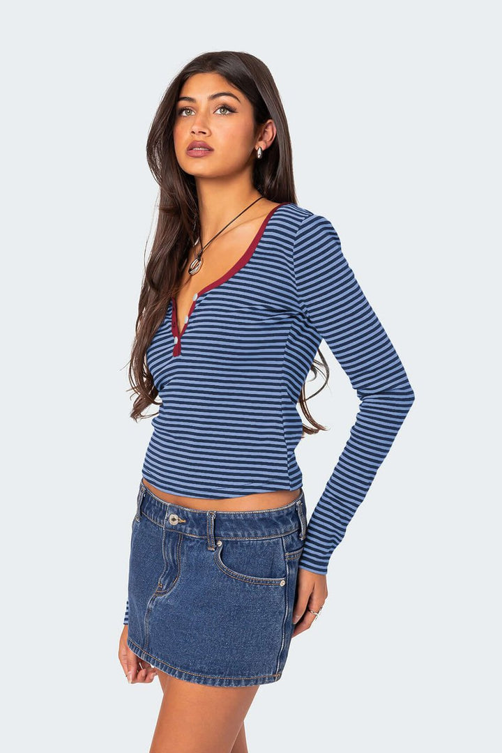Women's Striped Long-Sleeve Henley V-Neck Top